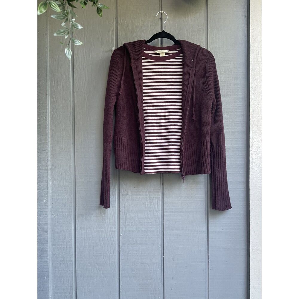 H&M Burgundy Knit Zip Up Hoodie & Striped Top Set Size M